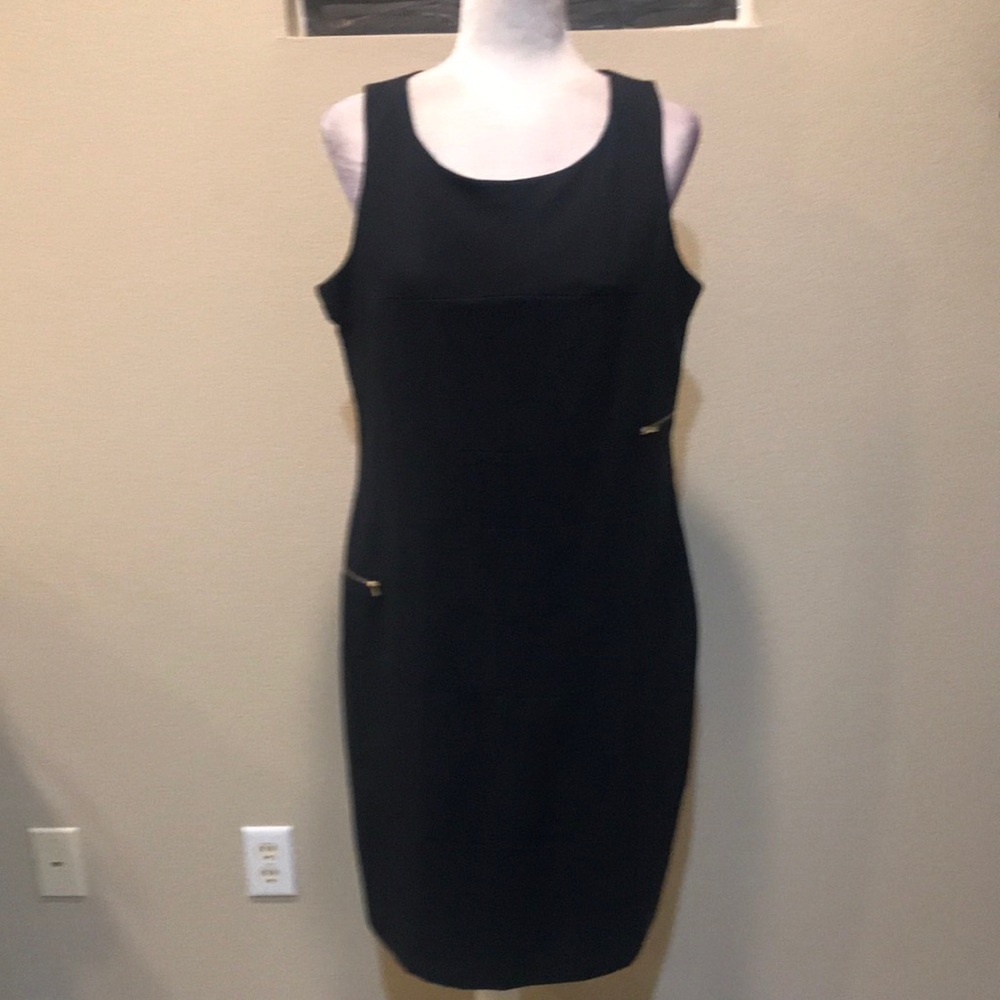 Shelby & Palmer Navy Blue Sheath Midi Dress w/Gold Zipper Accents- Size 14